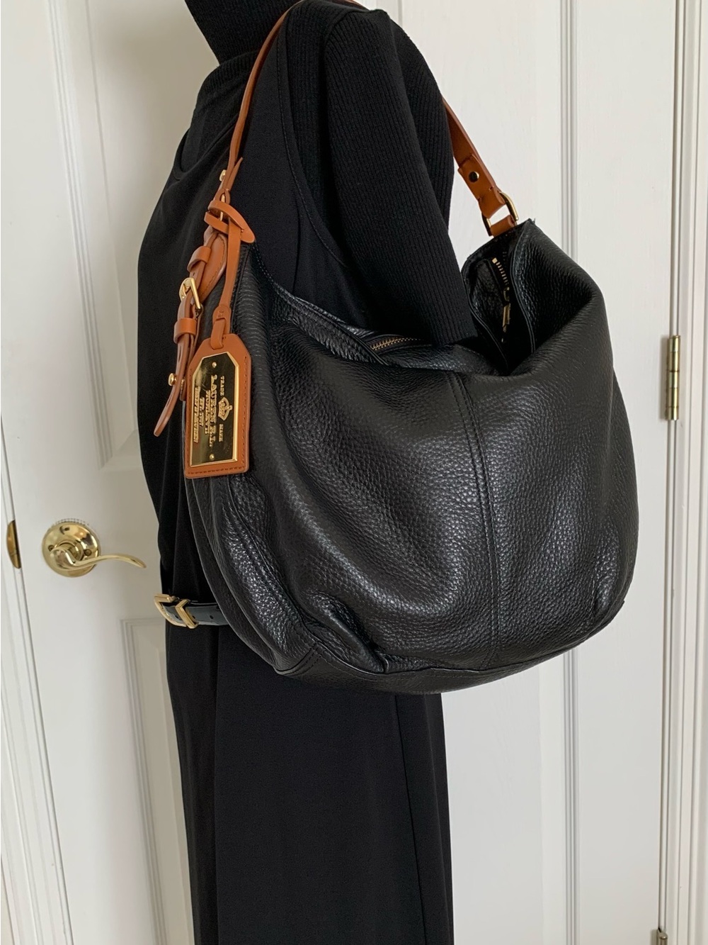 Lauren Ralph Lauren Black Pebbled Leather Hobo with Tan Handle